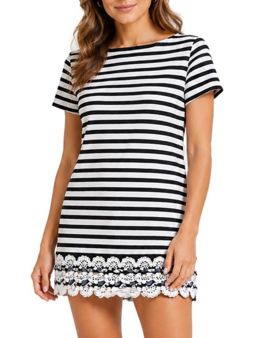 Talbots Dress Women's LP‎ Navy White Striped Lace Trim Nautical Parisian Coastal